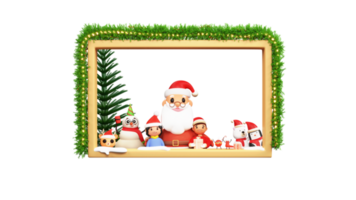 3D Render Of Santa Claus With Kids, Snowman, Funny Animal Looking Outside From Decorative Window. png
