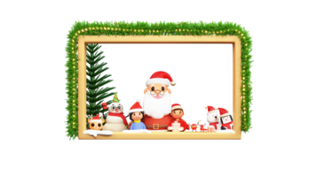 3d render do santa claus com crianças, boneco de neve, engraçado animal olhando lado de fora a partir de decorativo janela. png