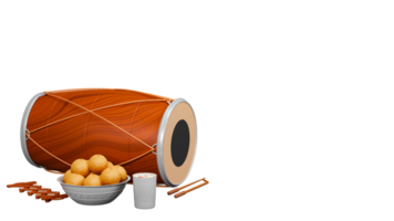 3D Render Of Punjabi Festival Elements Like As Dhol, Sapp Instrument, Thandai Glass And Indian Sweet Bowl. png