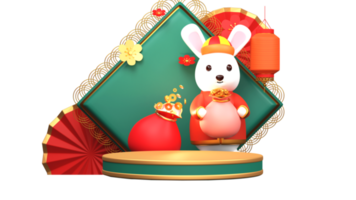 3D Render Of Cartoon Rabbit Holding Treasure Sack With Chinese Festival Elements, Empty Podium And Rhombus Frame Element. png