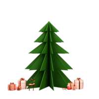 3D Render Of Green Paper Cut Xmas Tree With Reindeer, Gift Boxes, Santa Sock, Candy Cane And House Element. png