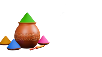 3D Render Holi Festival Elements As Color Powder In Clay Pot, Plates And Water Gun. png