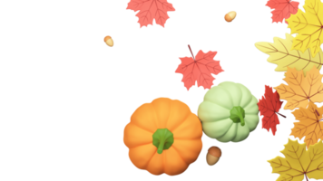 Top View Of 3D Render Pumpkins With Acorn, Autumn Leaves Decorated Background And Copy Space. png