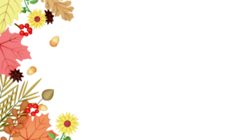 Top View Of Leaves With Sunflowers, Berries, Acorns, Pine Cone Flowers Against Background And Copy Space. 3D Render. png