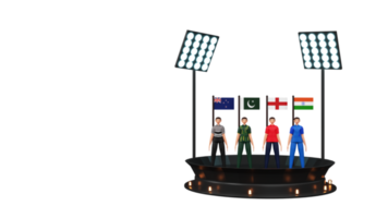 3d machen von Kricket Mannschaft Spieler Stehen mit ihr National Flagge wie Neu Neuseeland, Pakistan, England, Indien auf Bühne und Stadion Beleuchtung. png