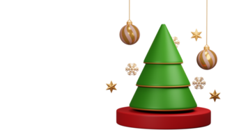 3D Render Green Xmas Tree Over Podium With Golden Stars, Snowflakes, Baubles Hang And Copy Space. png