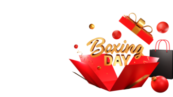 3D Render Golden Boxing Day Text With Surprise Gift Box, Balls And Shopping Bag. Advertising Banner Design. png