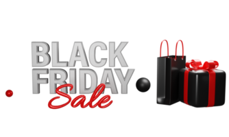 Black Friday Sale Banner Design With 3D Glossy Gift Box, Shopping Bag And Balls. png