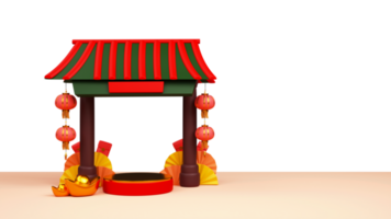 3D Render Of Chinese Gate Arch With Traditional Lanterns Hang, Envelope, Paper Fans, Ingots And Empty Podium. png