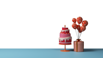 3D Layered Delicious Cake Over Table With Gift Box, Balloon Bunch And Copy Space. png