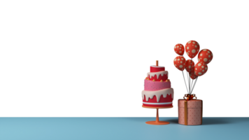 3d en couches délicieux gâteau plus de table avec cadeau boîte, ballon bouquet et copie espace. png