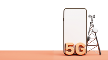 3D Bronze 5G Text With Empty Smartphone Screen, Cell Site Tower And Copy Space. png