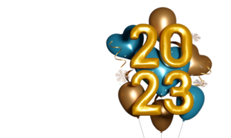 Golden Foil 2023 Number With Glossy Balloons, Snowflakes And Curl Ribbon Against Background. png