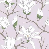 Seamless pattern with magnolia flowers. Hand drawn minimalistic style, branches with blooming flowers and buds vector