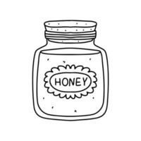 Honey in jar in hand drawn doodle style. Vector illustration isolated on white background. Coloring page.