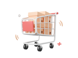 Einkaufen Wagen mit Paket Kasten, 3d Karikatur Symbol isoliert auf Rosa Hintergrund, 3d Illustration. png
