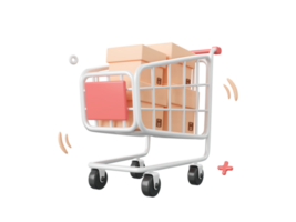 compras carro con paquete o empaquetar caja, 3d dibujos animados icono aislado en rosado fondo, 3d ilustración. png