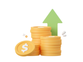 3d cartoon design illustration of Stack of dollar coin with arrow pointing up, Investment and money savings concept. png