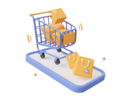 3d Karikatur Design Illustration von Smartphone mit Einkaufen Wagen und Paket Kasten, Einkaufen Tasche mit Rabatt Schild, Einkaufen online auf Handy, Mobiltelefon Konzept. png