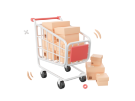 Shopping cart with parcel box, 3d cartoon icon isolated on pink background, 3d illustration. png