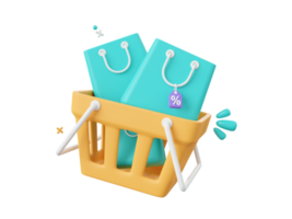 3d cartoon design illustration of Shopping cart and shopping bags with discount tag, Shopping online concept. png