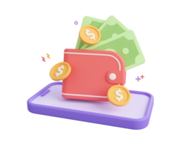 3d dessin animé conception illustration de numérique portefeuille et mobile bancaire application, en ligne Paiements, transfert et économie argent concept. png