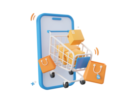 3d desenho animado Projeto ilustração do Smartphone e parcela caixa com compras bolsas, compras conectados em Móvel conceito. png