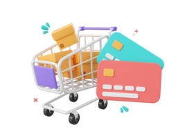 3d desenho animado Projeto ilustração do parcela caixas dentro compras carrinho com crédito cartões, compras conectados e pagamentos de crédito cartão. png