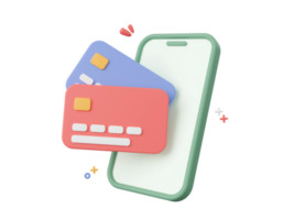 3d dibujos animados diseño ilustración de crédito tarjetas con teléfono inteligente, compras en línea y pagos por crédito tarjeta. png
