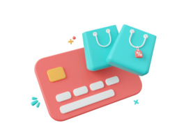 3d dibujos animados diseño ilustración de crédito tarjetas con compras bolsas, compras en línea y pagos por crédito tarjeta. png
