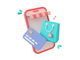 3d cartoon design illustration of Shop smartphone, shopping bags with discount tag and credit card, Shopping online and payments by credit card concept. png