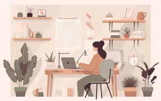 Flat illustration of woman working from home. . photo