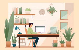 Flat illustration of man working from home. . photo