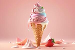 Strawberry iceacream cone melting over pink background. . photo