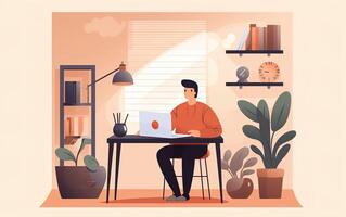 Flat illustration of man working from home. . photo
