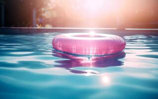 Summer pool with a pink floater and copy space. Travel vacation concept. Summer blue aqua textured background. . photo