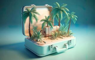 3D illustration design of a summer beach island inside a suitcase. Travel vacation concept. . photo