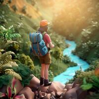 3D illustration of woman with backpack travelling and exploring nature. Concept of discovery, adventure, tourism and travel. Generative AI. photo
