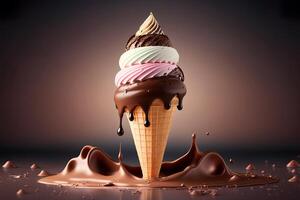 Chocolate iceacream cone melting over brown background. . photo