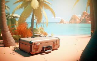 3D illustration design of a summer beach island with a suitcase and copy space. Travel vacation concept. . photo