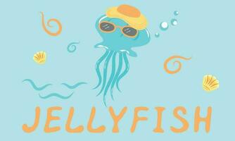 Funny jellyfish with glasses and a hat with a painted name vector