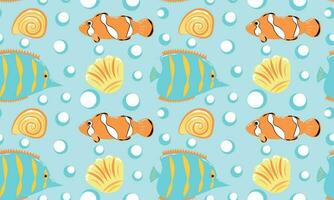 Seamless pattern with fish, shells and bubbles vector
