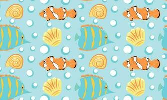 Seamless pattern with fish, shells and bubbles vector