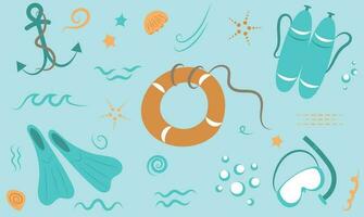 A set of diving items and decorative elements vector