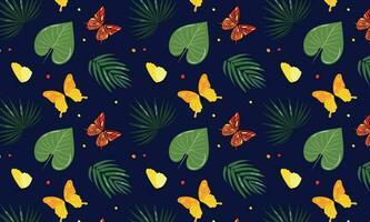 Dark background with tropical leaves and bright butterflies vector