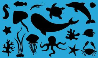 A large set of silhouettes of marine animals and fish vector