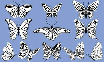 A set of beautiful black and white butterflies for design vector