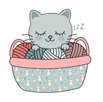 Cute Cat Sleeping in Basket with Yarn Balls png