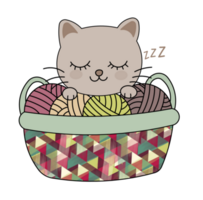 Cute Cat Sleeping in Basket with Yarn Balls png