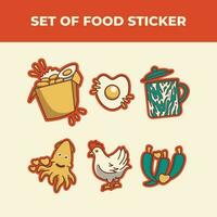 sets of food sticker design. vector illustration of squid rice chili chicken egg and mug from indonesia or asia. flat vector illustration of food and beverage.